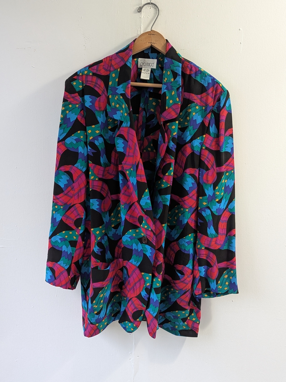 Vintage Pia Rucci Abstract 100% Silk Blazer Jacket Black Blue Pink Yellow Large